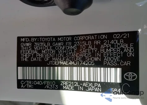 2021 Toyota Corolla Le from USA, damaged, VIN JTDEPMAE4MJ174205